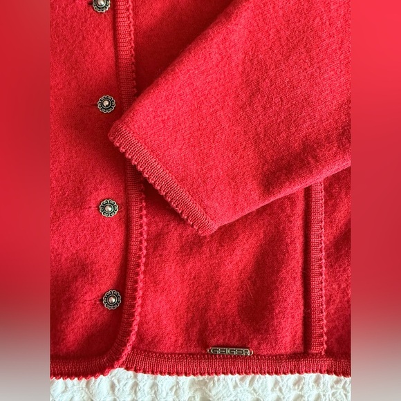 Vtg Geiger of Austria Wool Red Cardigan Jacket Puffed Sleeve S M L - Picture 11 of 15